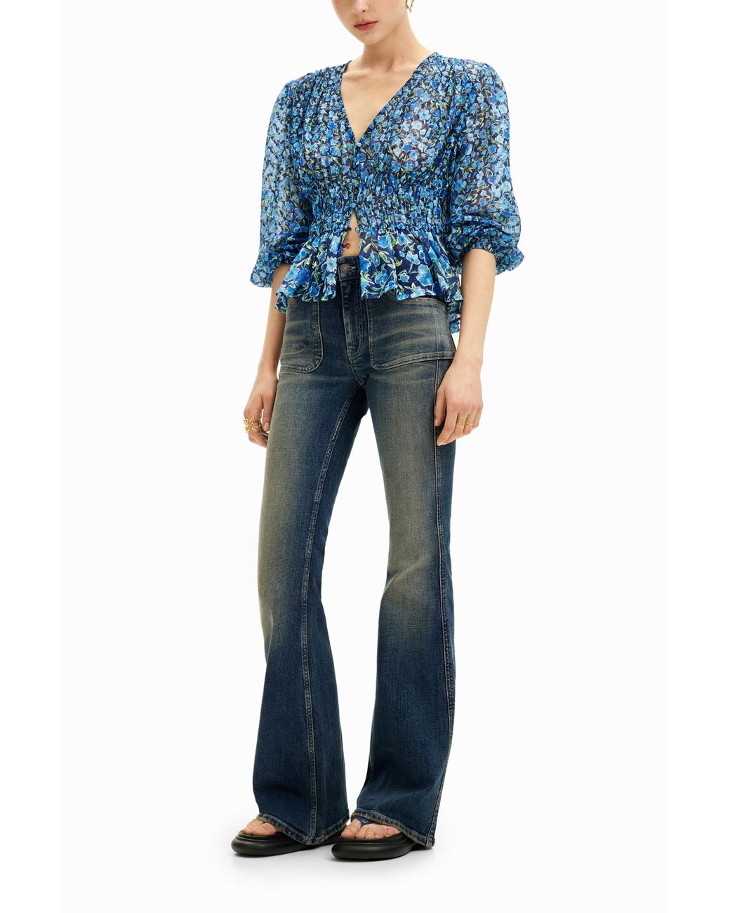 Desigual Blue Floral Plumetis Blouse, Polyester