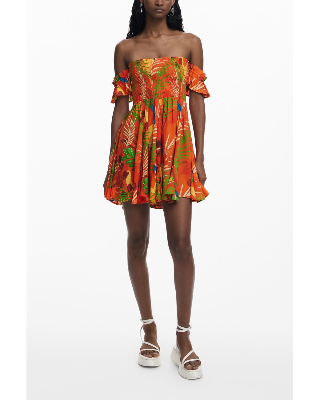 Desigual Orange Bardot Mini Dress, Viscose