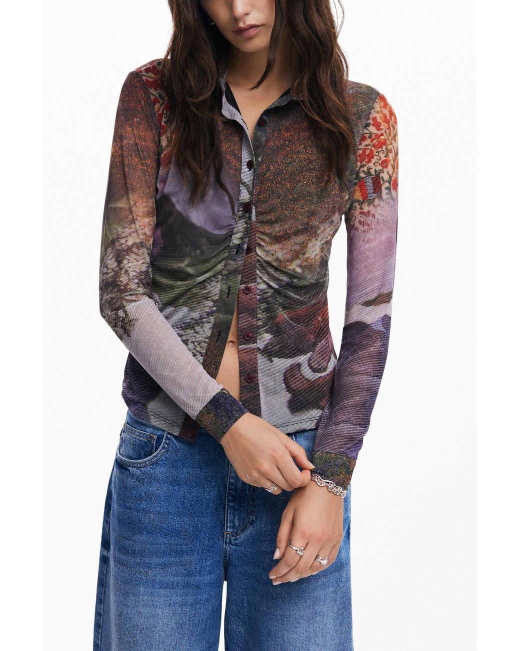 Desigual Blue Long-Sleeve T-Shirt Autumn Forest, Polyester