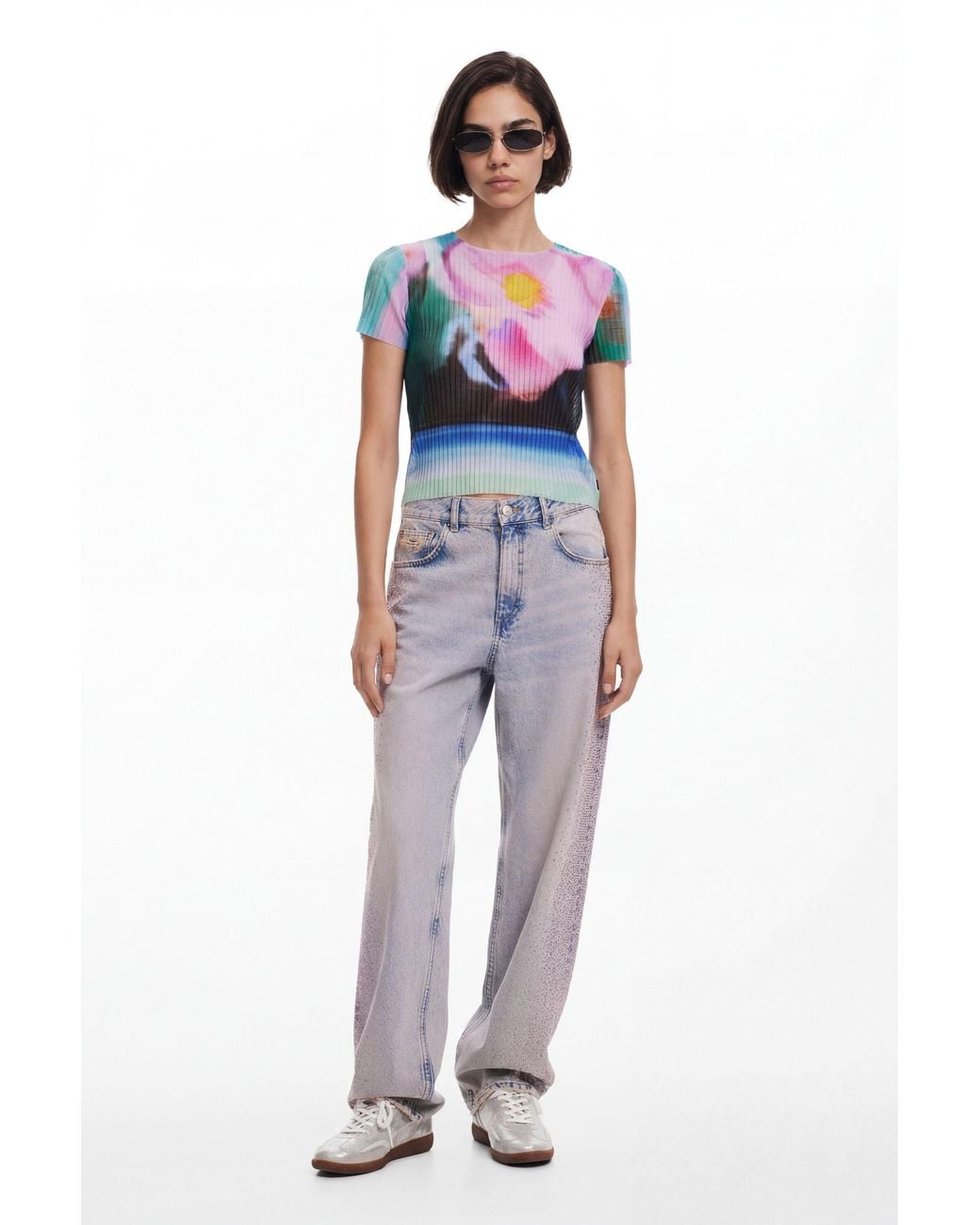 Desigual Gray Faded Landscape T-Shirt, Polyester