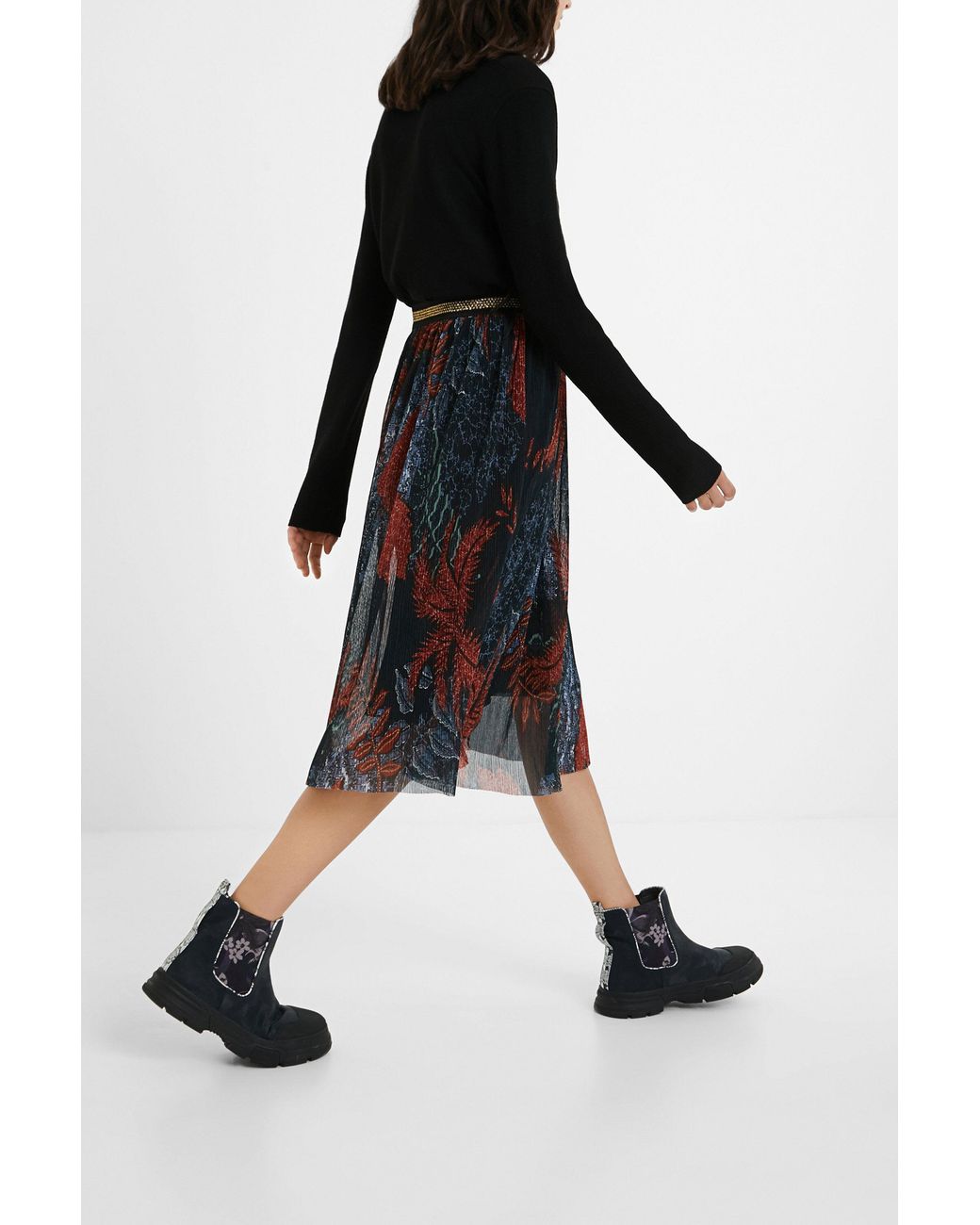 Desigual Black Floral Pleated Midi-Skirt, Polyester