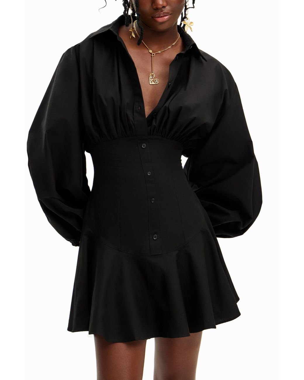 Desigual Black Stella Jean Short Corset Dress, Cotton