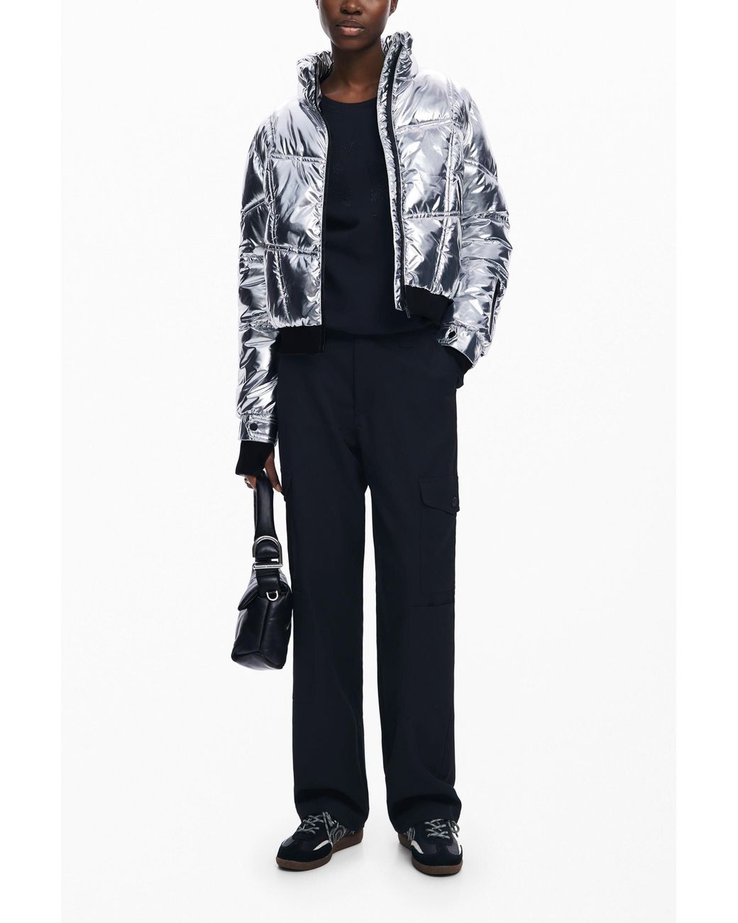 Desigual Blue Metallic Coat With Hood, Polyester