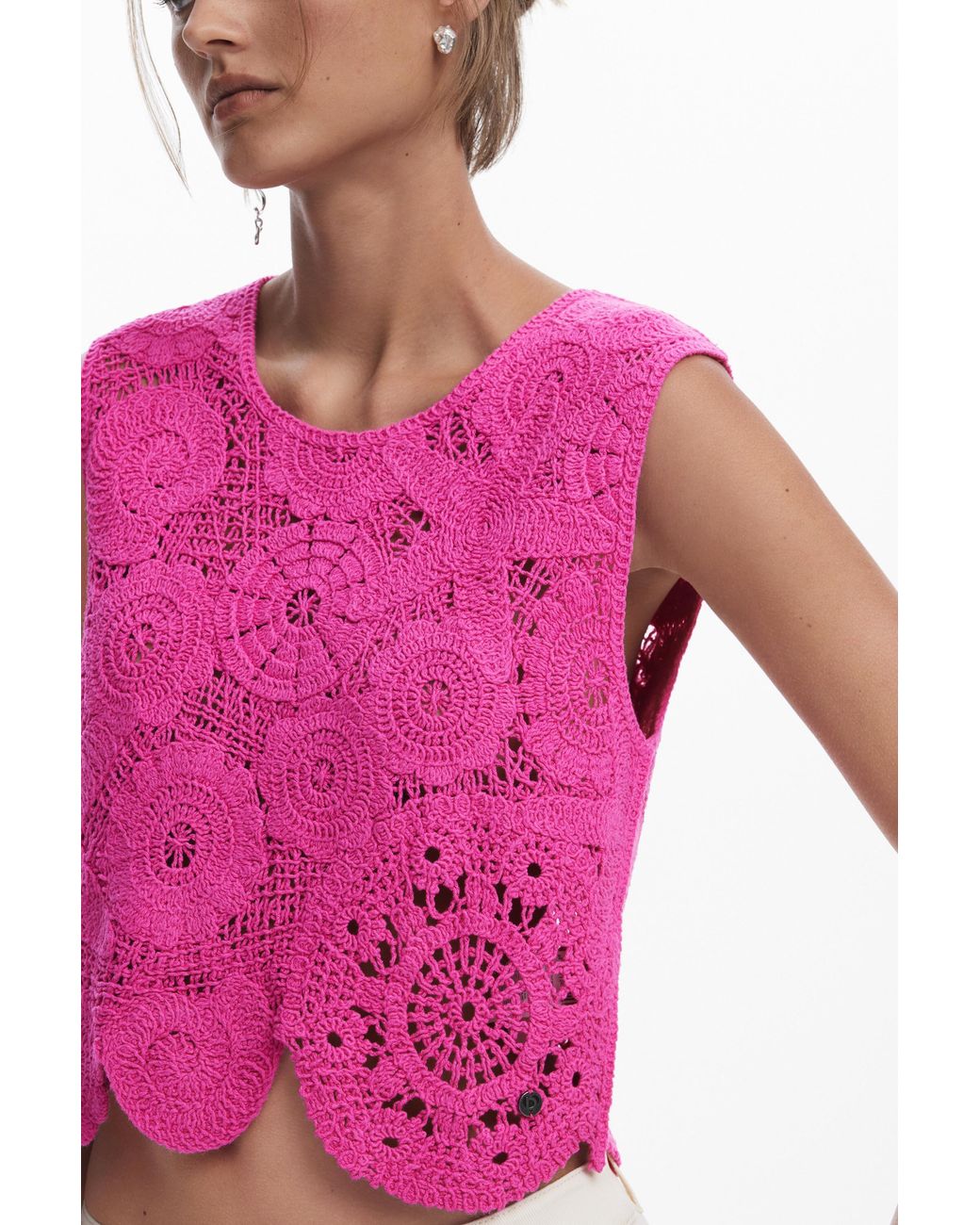Desigual Pink Cropped Crochet Top, Cotton