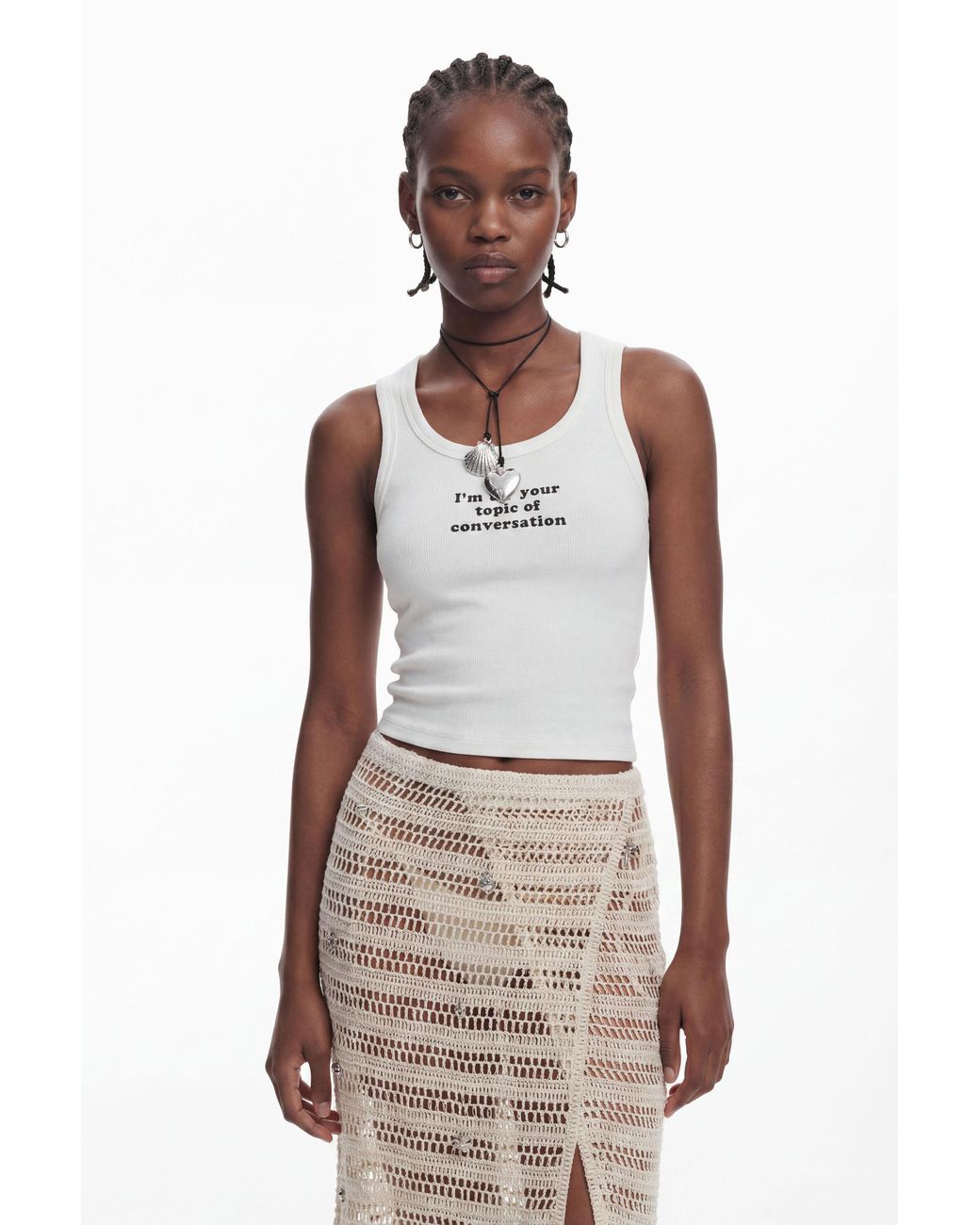 Desigual White Tank Top With Text, Viscose