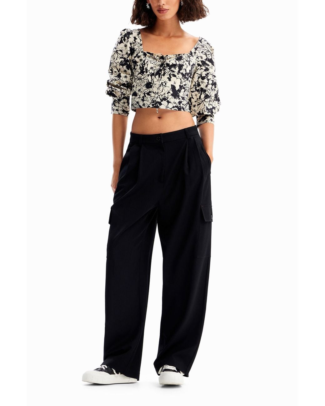 Desigual Black Cropped Floral Corset Blouse, Cotton