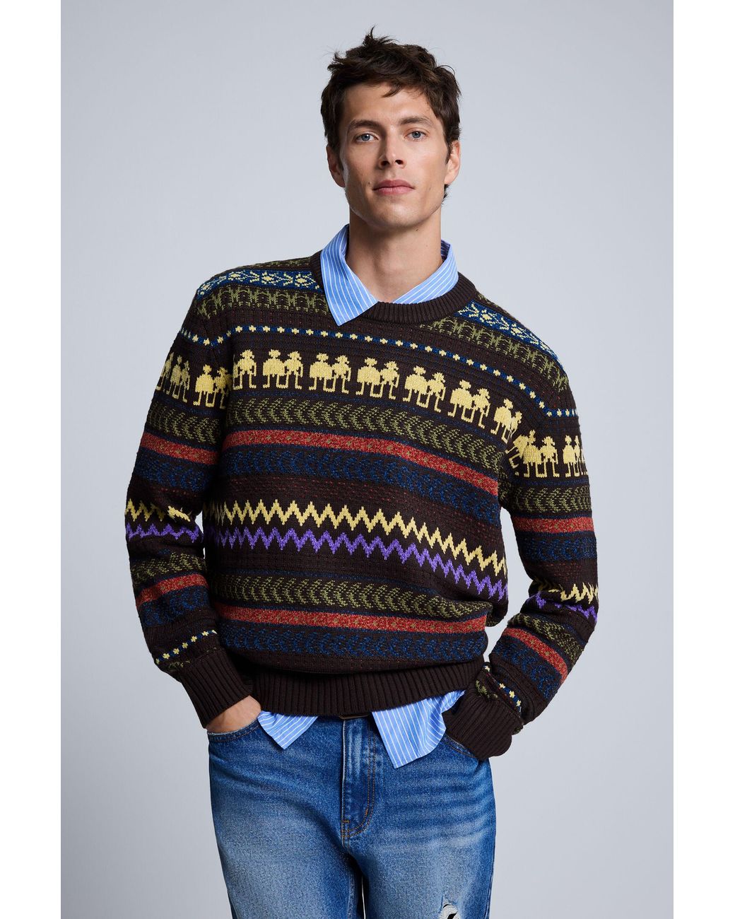 Desigual Blue Sweater With Robots Borders for men