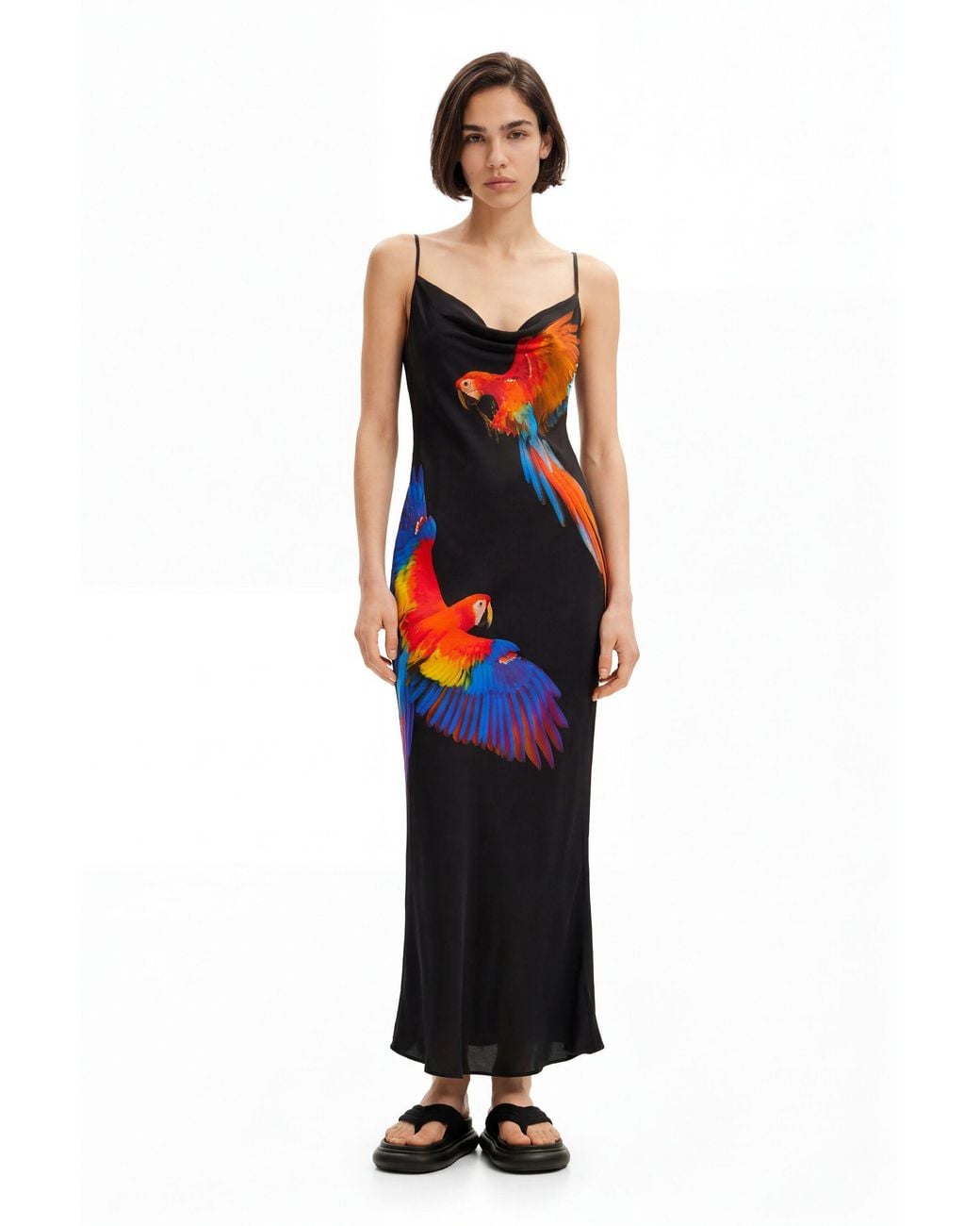 Desigual Blue Tyler Mcgillivary Tropical Parrot Satin Strappy Dress, Viscose