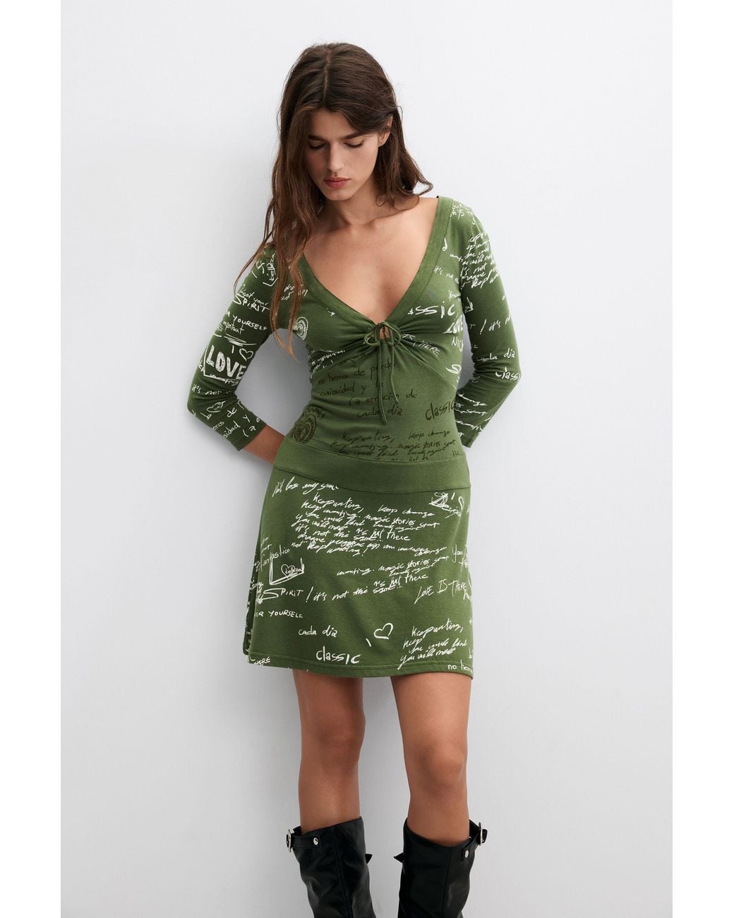 Desigual Green Short Dress With Vintage Print
