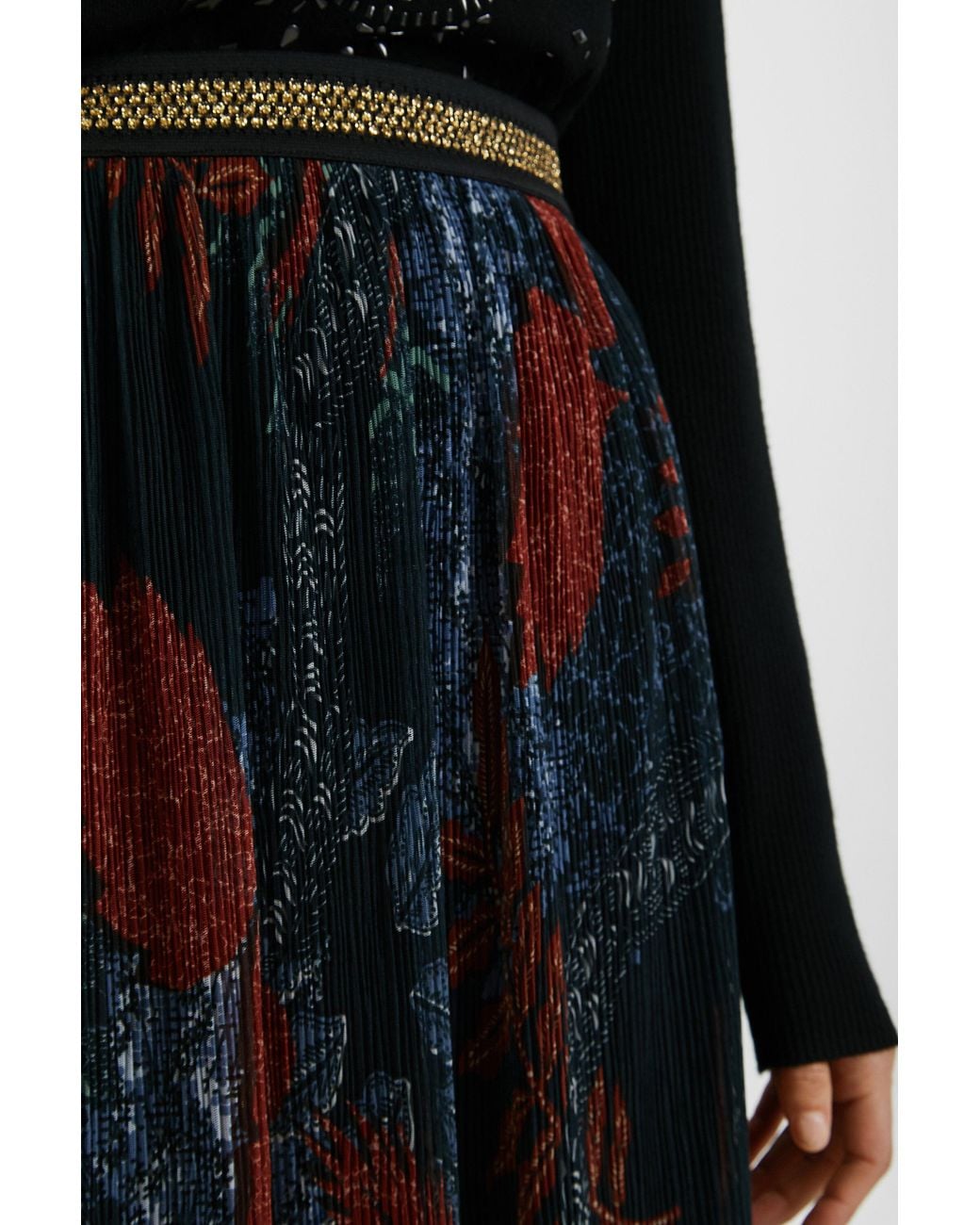 Desigual Black Floral Pleated Midi-Skirt, Polyester