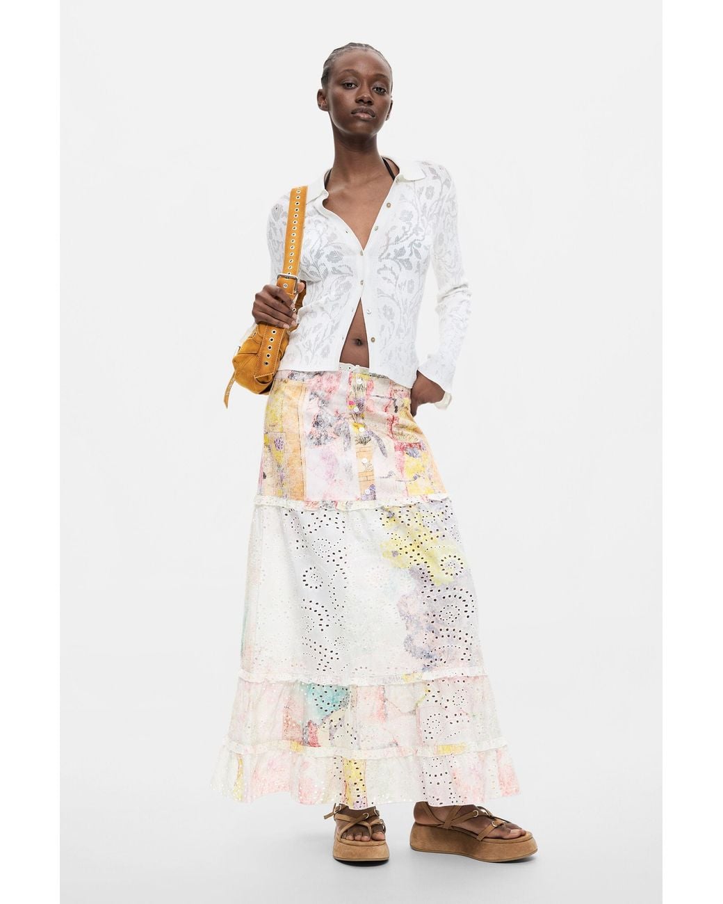 Desigual White Floral Printed Skirt, Cotton