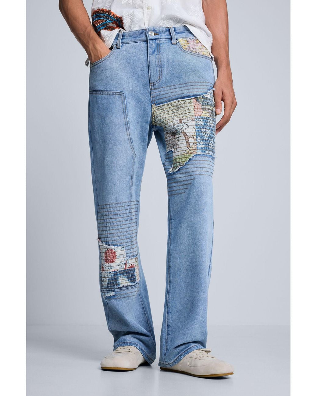 Desigual Blue Straight Printed Jeans, Cotton for men