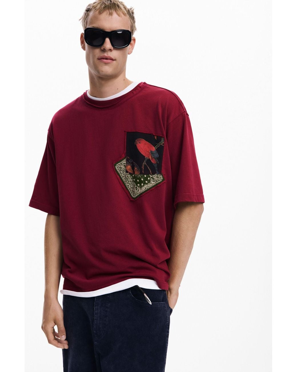 Desigual Red T-Shirt With Bird Patches, Cotton for men