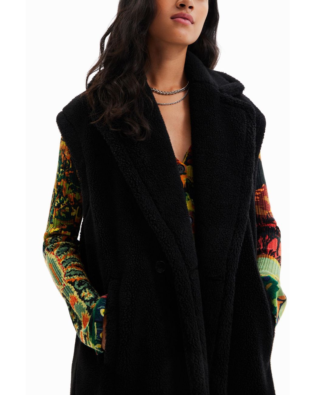 Desigual Black Long Fleece Gilet
