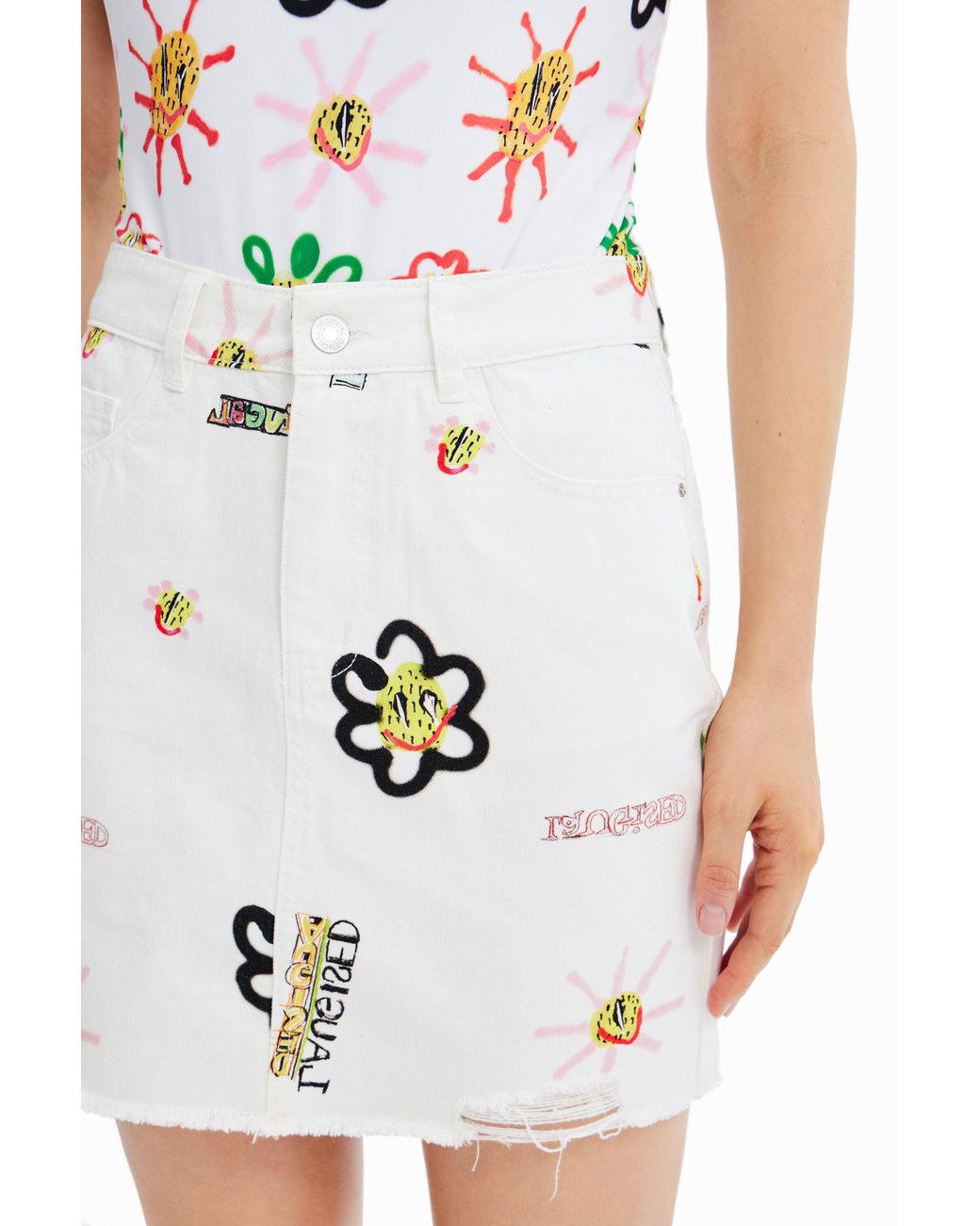 Desigual White Denim Illustrations Mini Skirt, Cotton