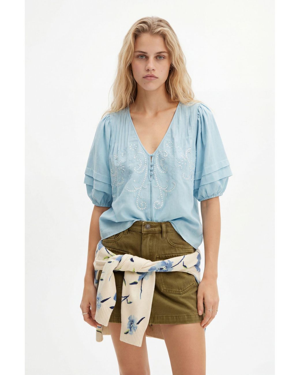 Desigual Blue Embroidered Boho Blouse