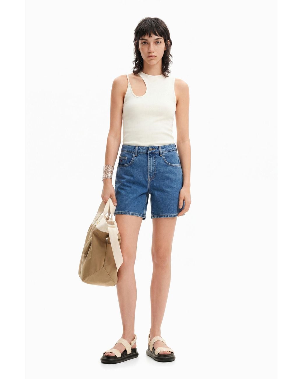 Desigual Blue Plain Denim Shorts, Cotton