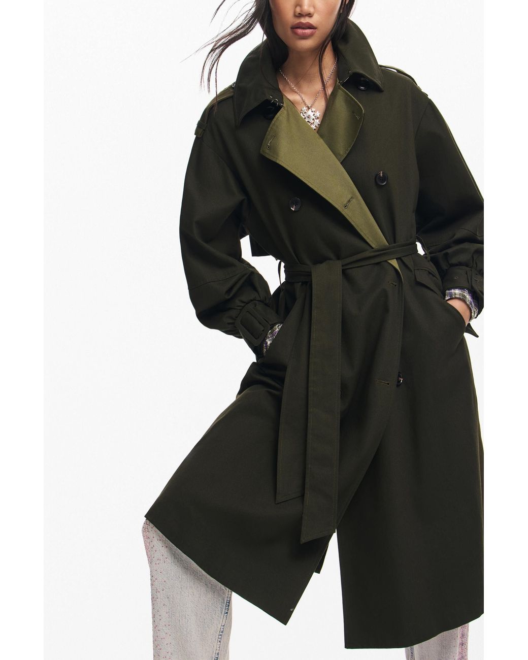 Desigual Black Long Trench Coat, Cotton