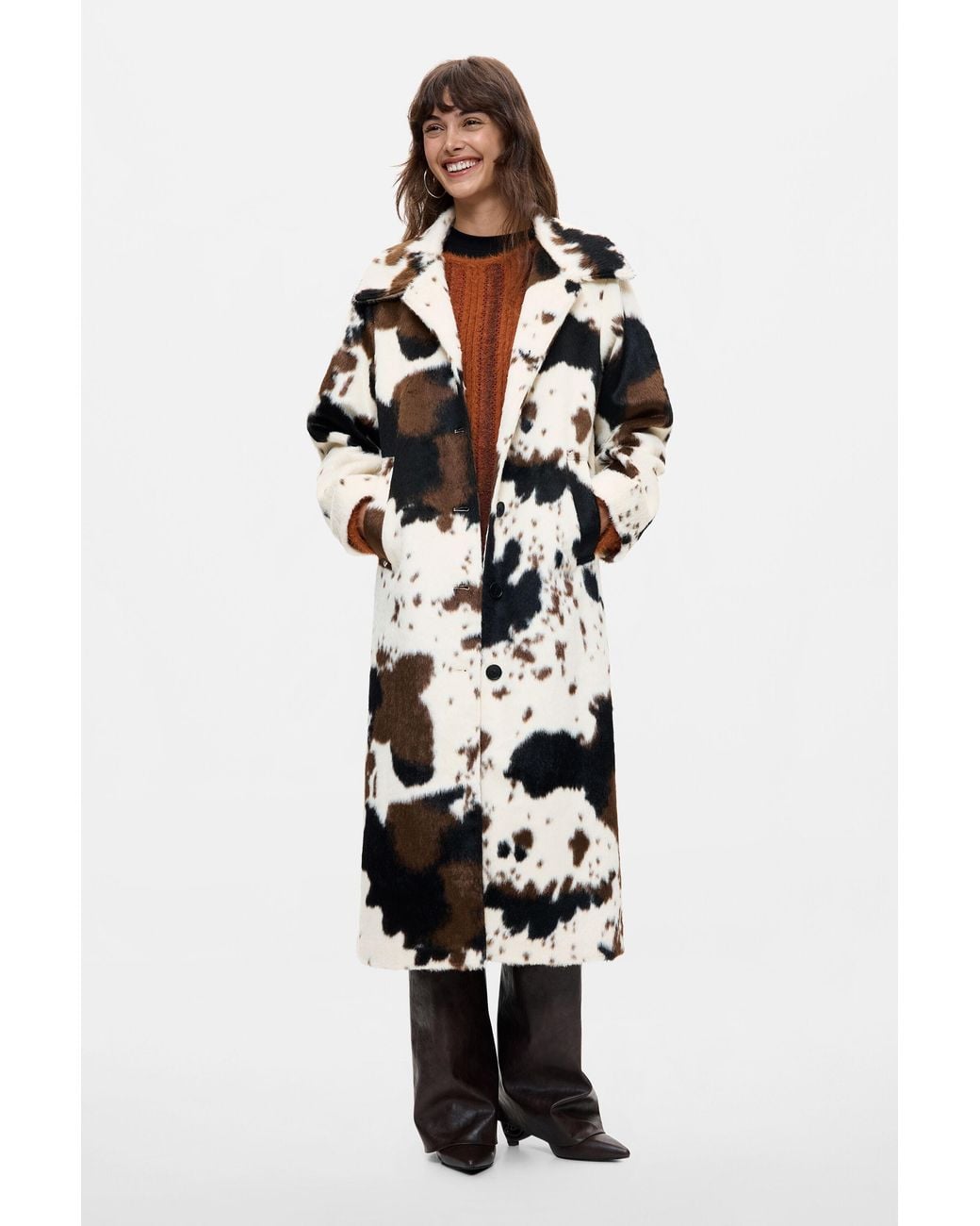 Desigual White Straight Coat With Animal Print Fur