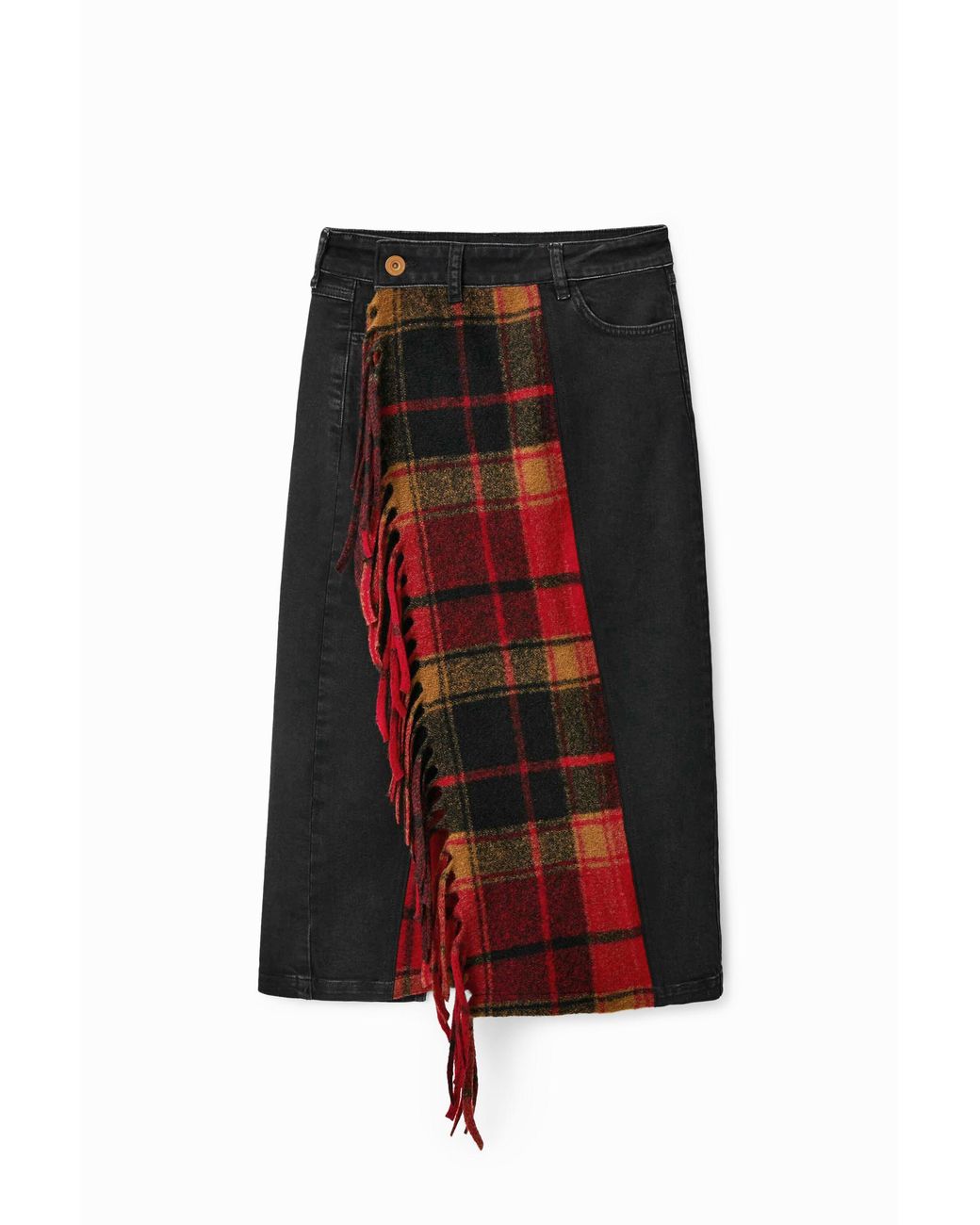 Desigual Red Tartan Denim Midi Skirt, Cotton