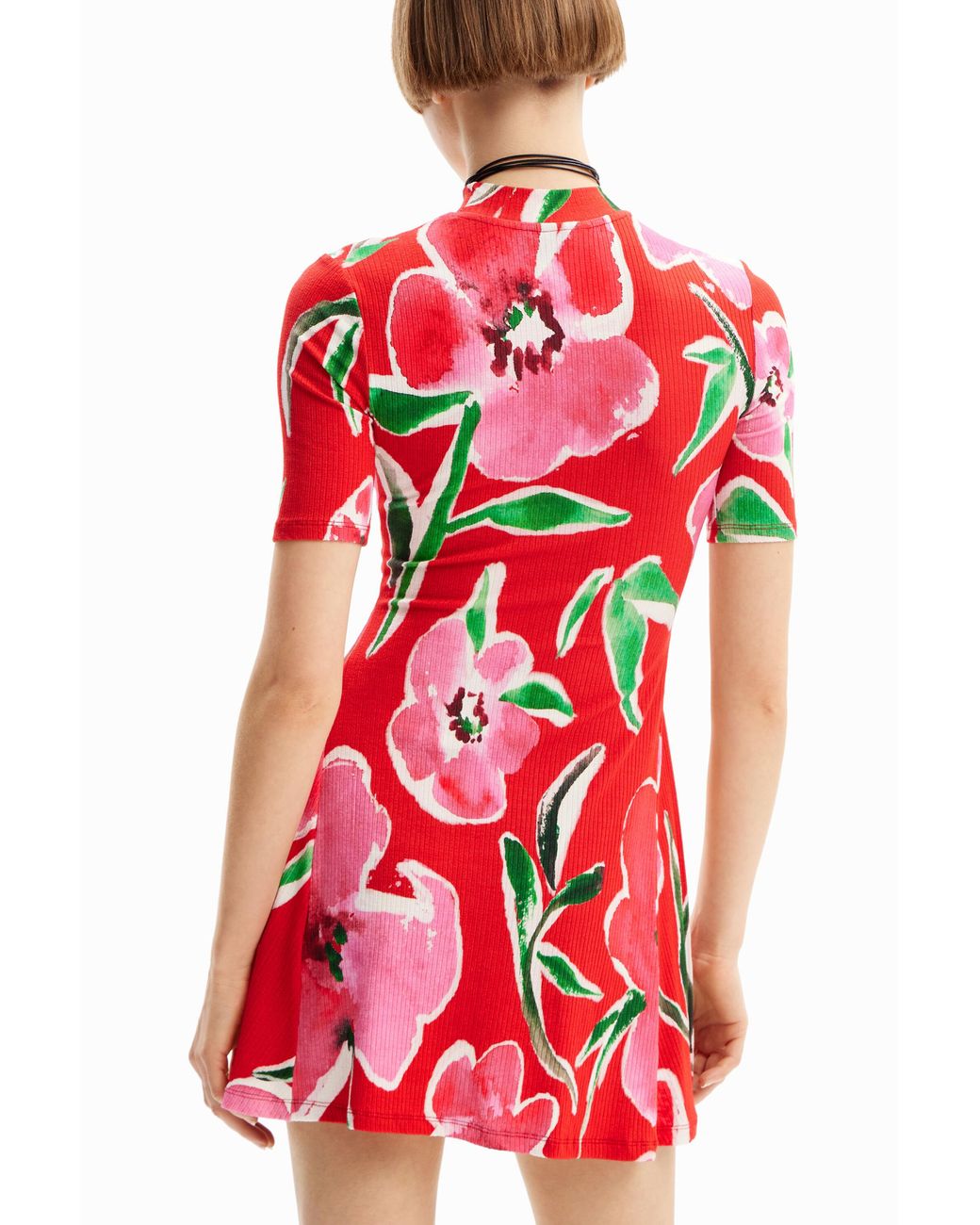 Desigual Red Short Floral Skater Dress, Viscose