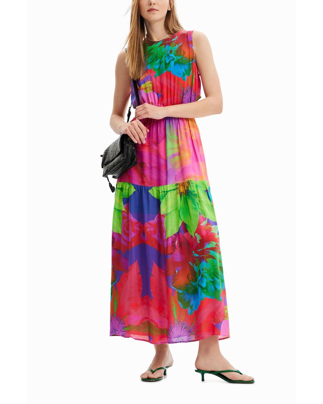 Desigual White Long Flower Cut-Out Dress, Viscose