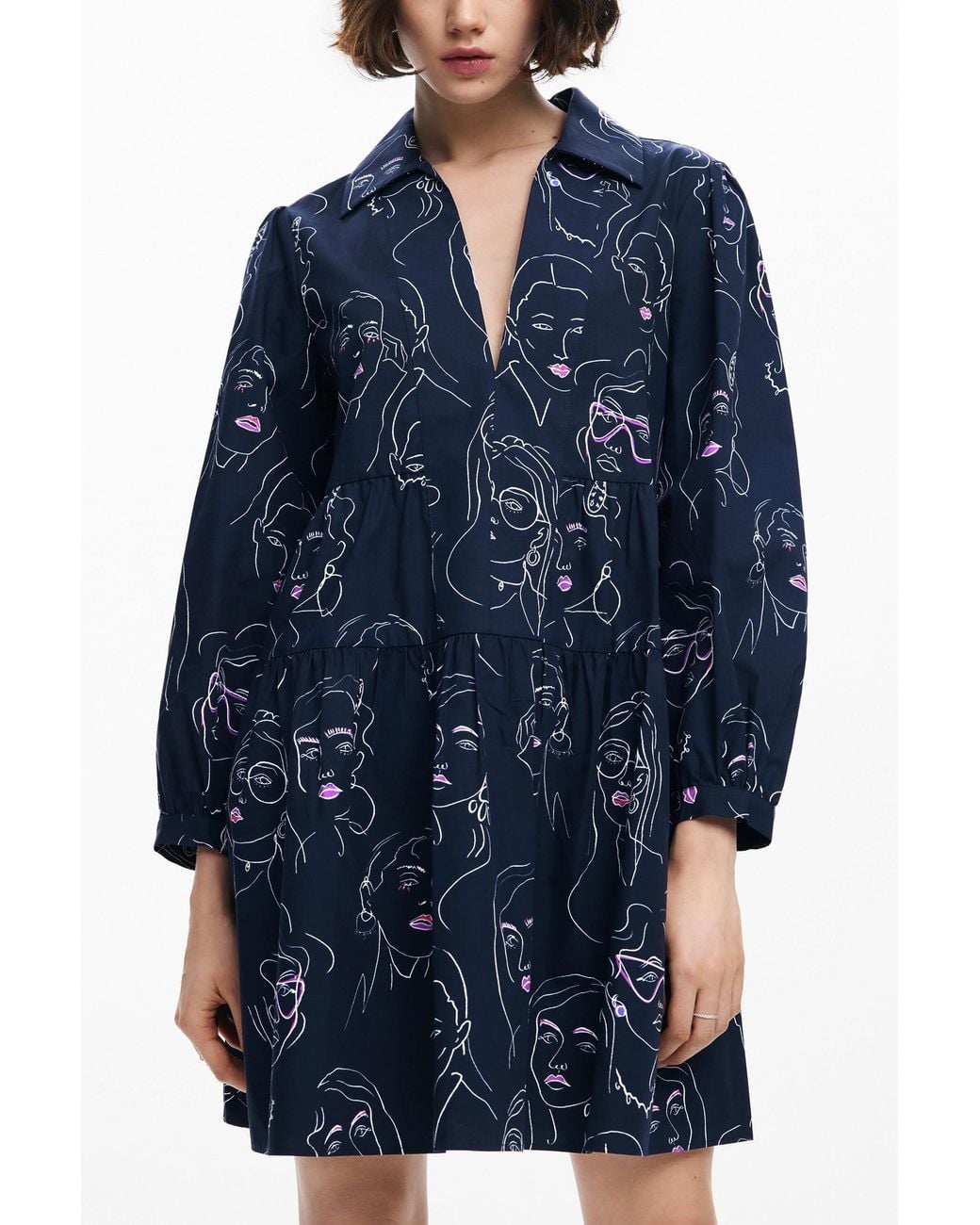 Desigual Blue Mini Dress With Faces, Cotton