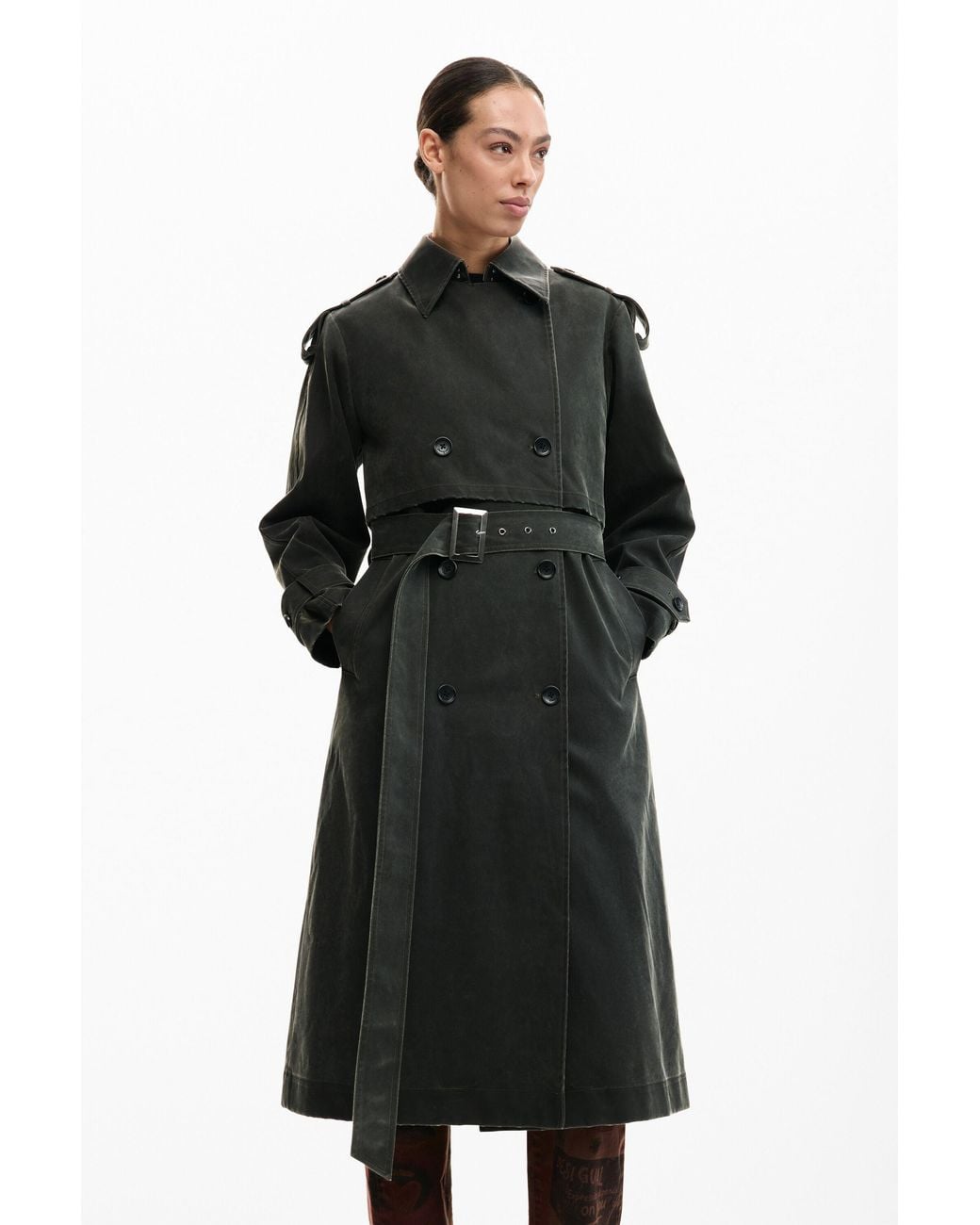 Desigual Black Trench Coat Suede Effect, Polyurethane