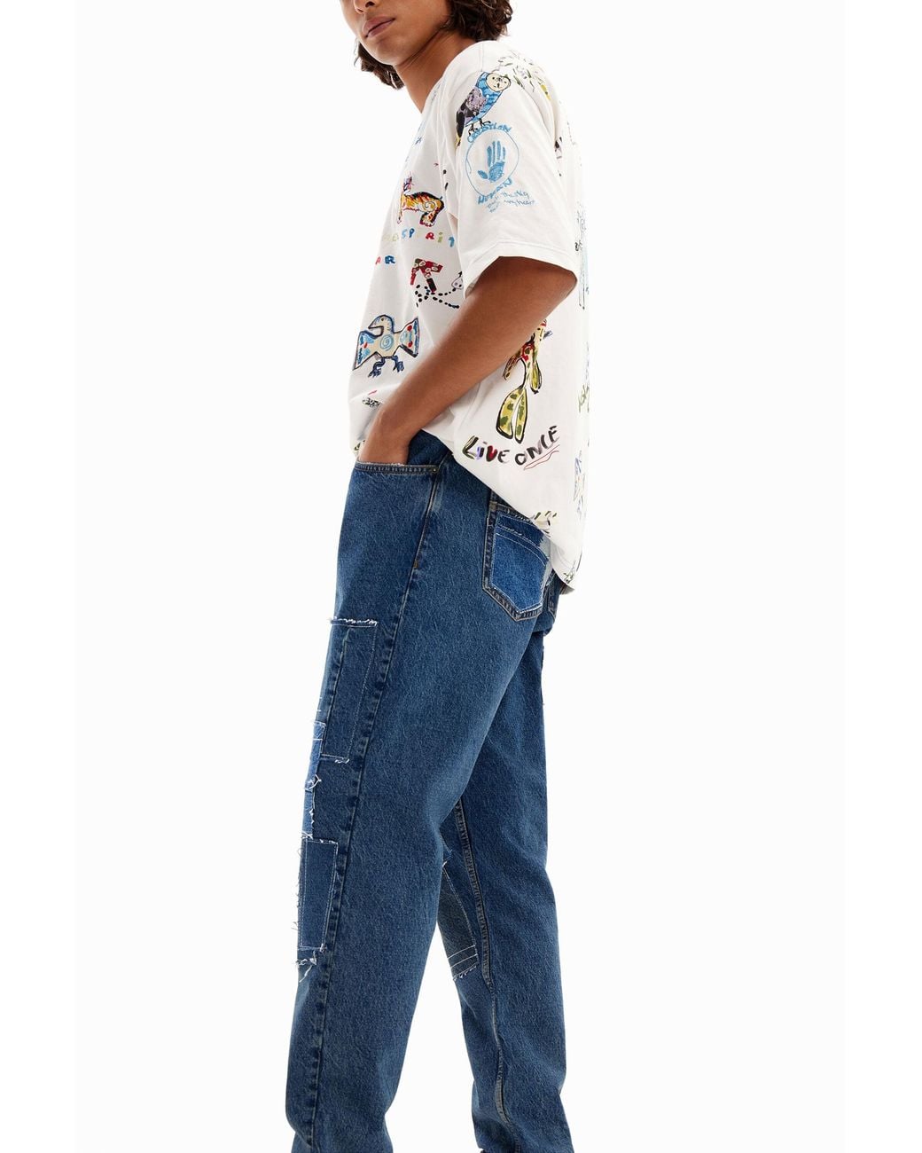 Desigual Blue Patchwork Carrot Jeans, Cotton for men