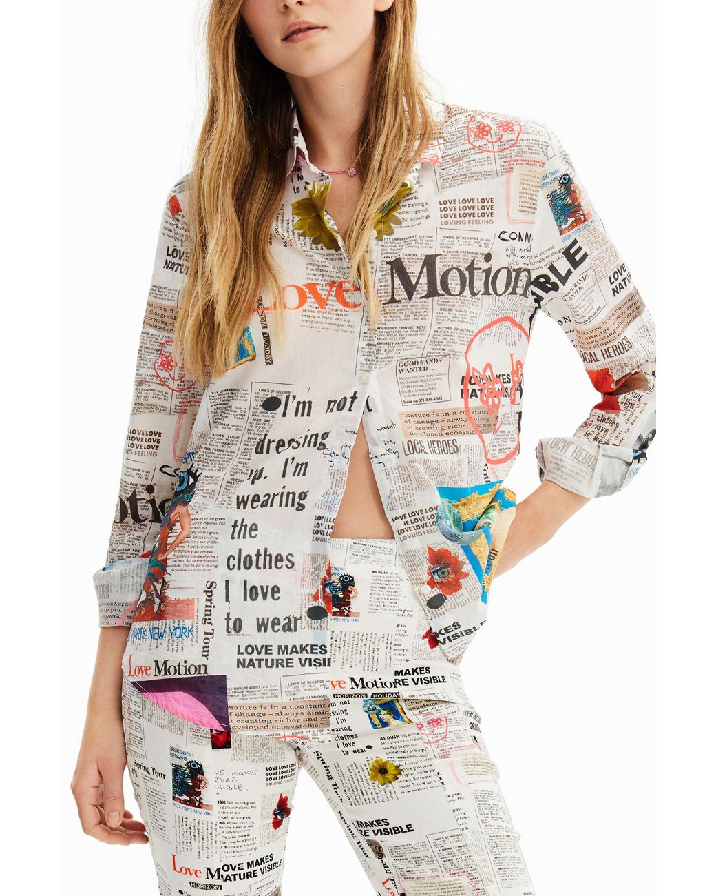 Desigual White Long-Sleeve Newspaper Shirt, Cotton