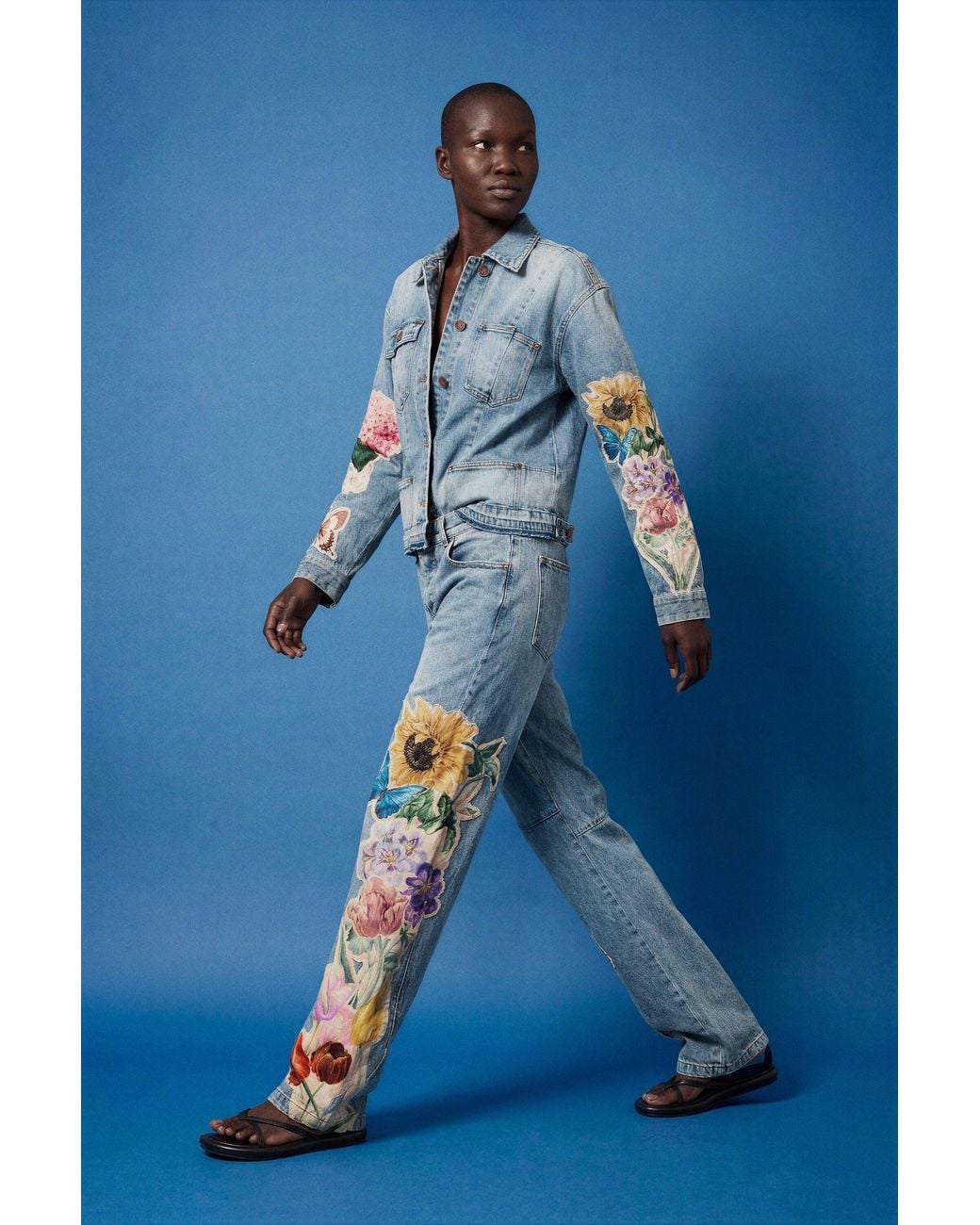 Desigual Blue Regular Floral Jeans, Cotton