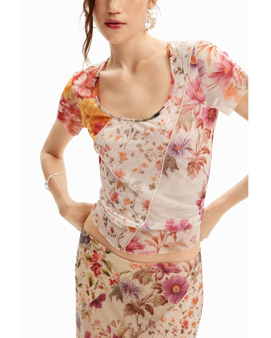 Desigual White Tulle Flower T-Shirt, Polyester