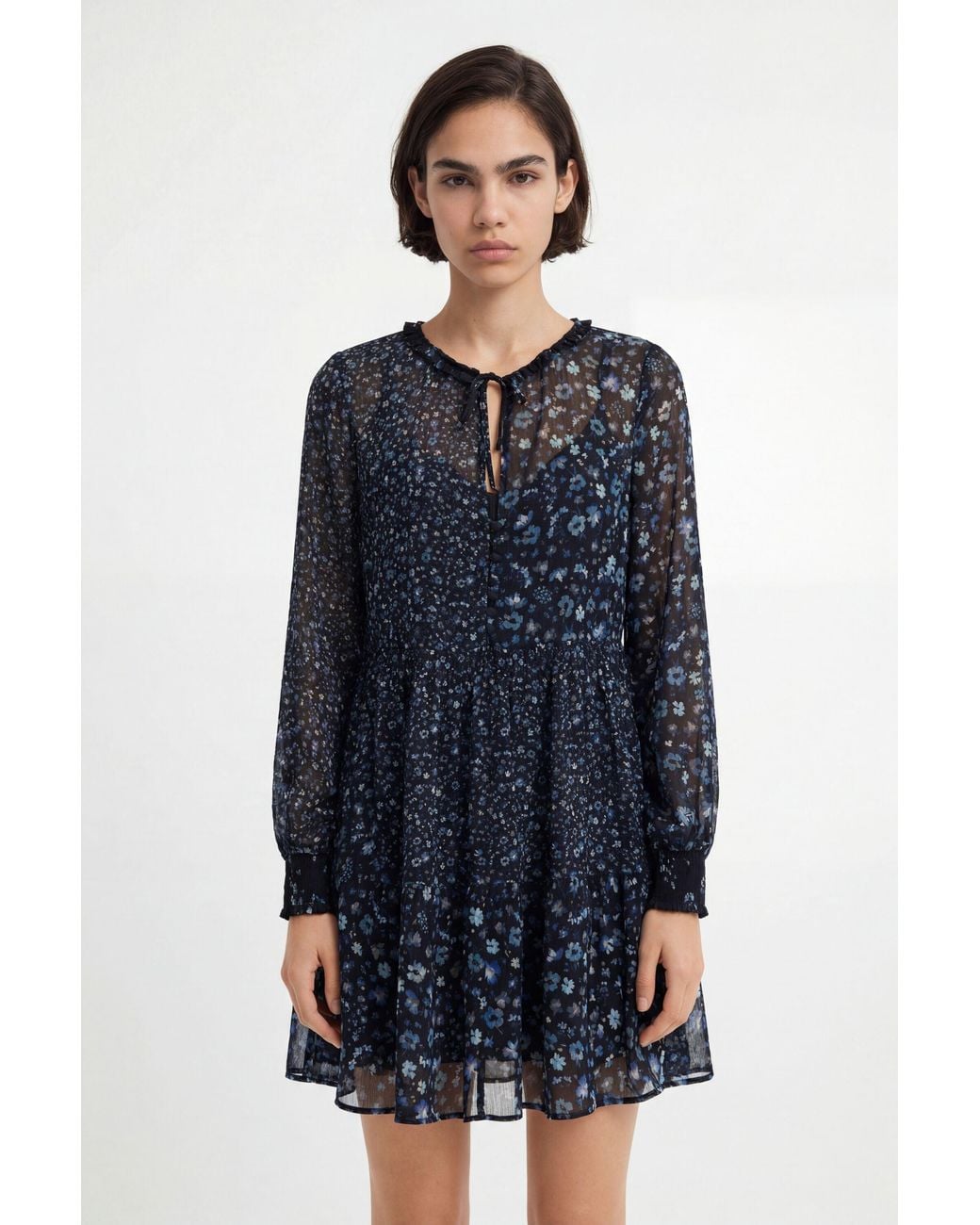 Desigual Blue Short Floral Chiffon Dress, Polyester
