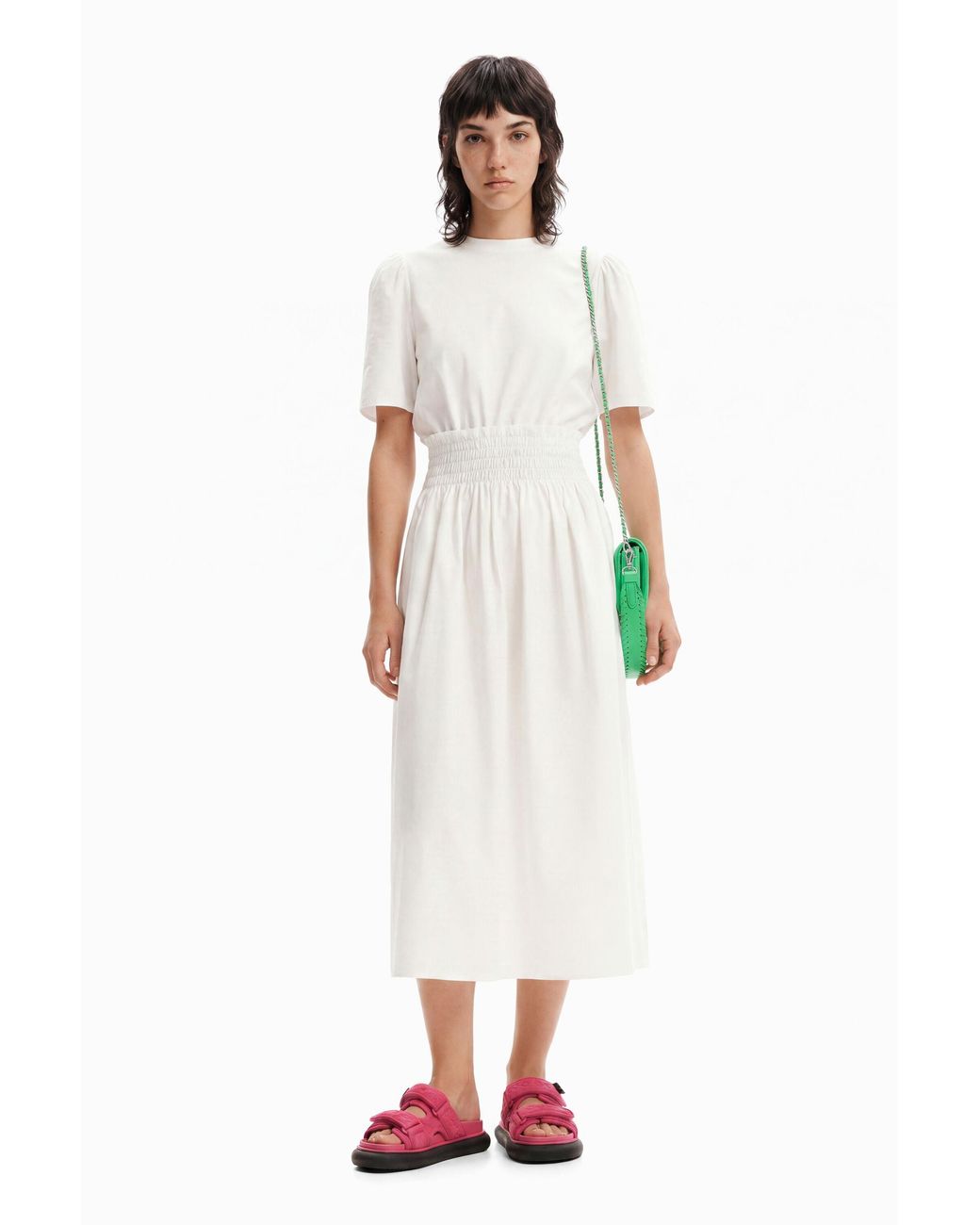 Desigual White Plain Combination Midi Dress, Cotton