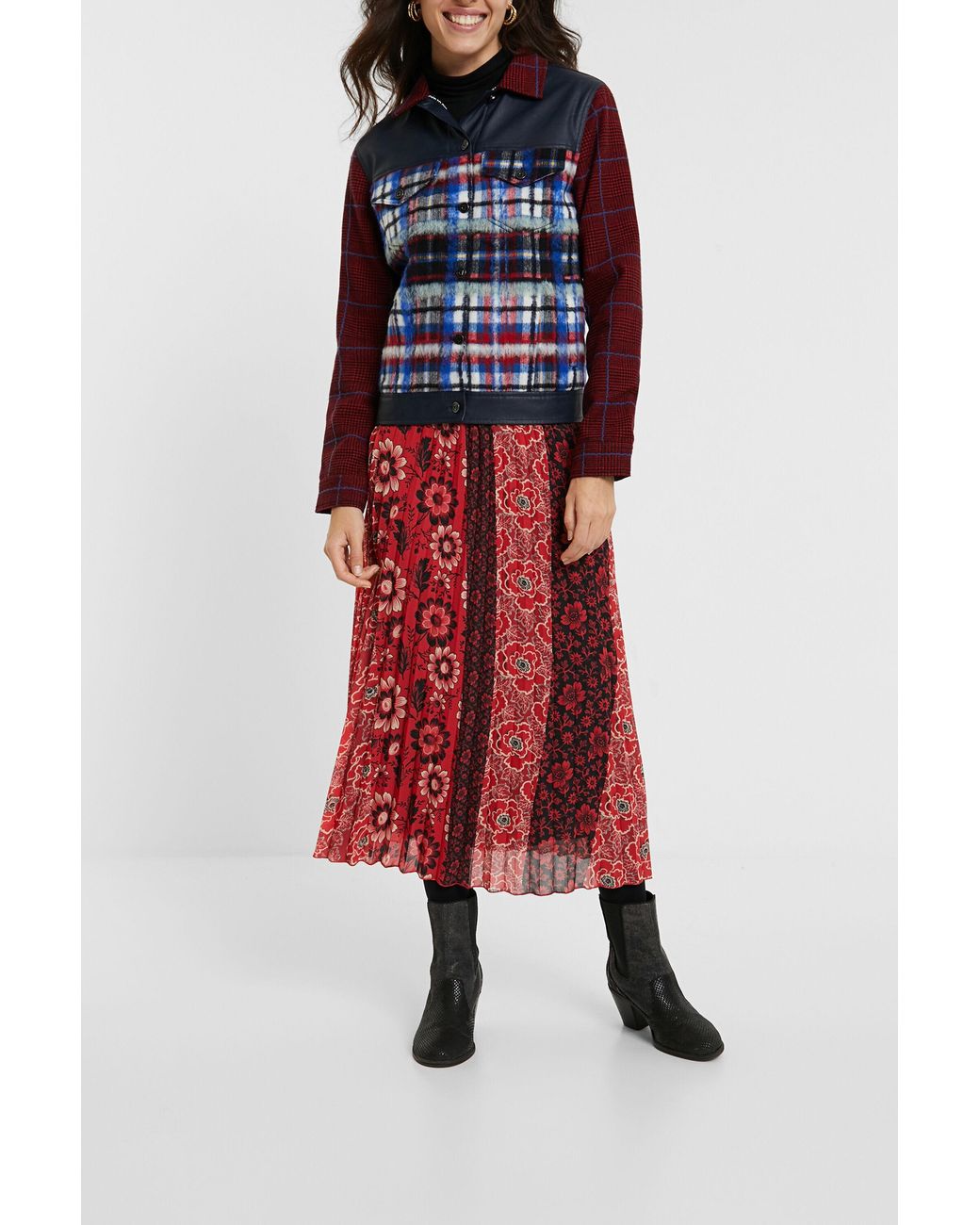 Desigual Red Tartan Fur Jacket