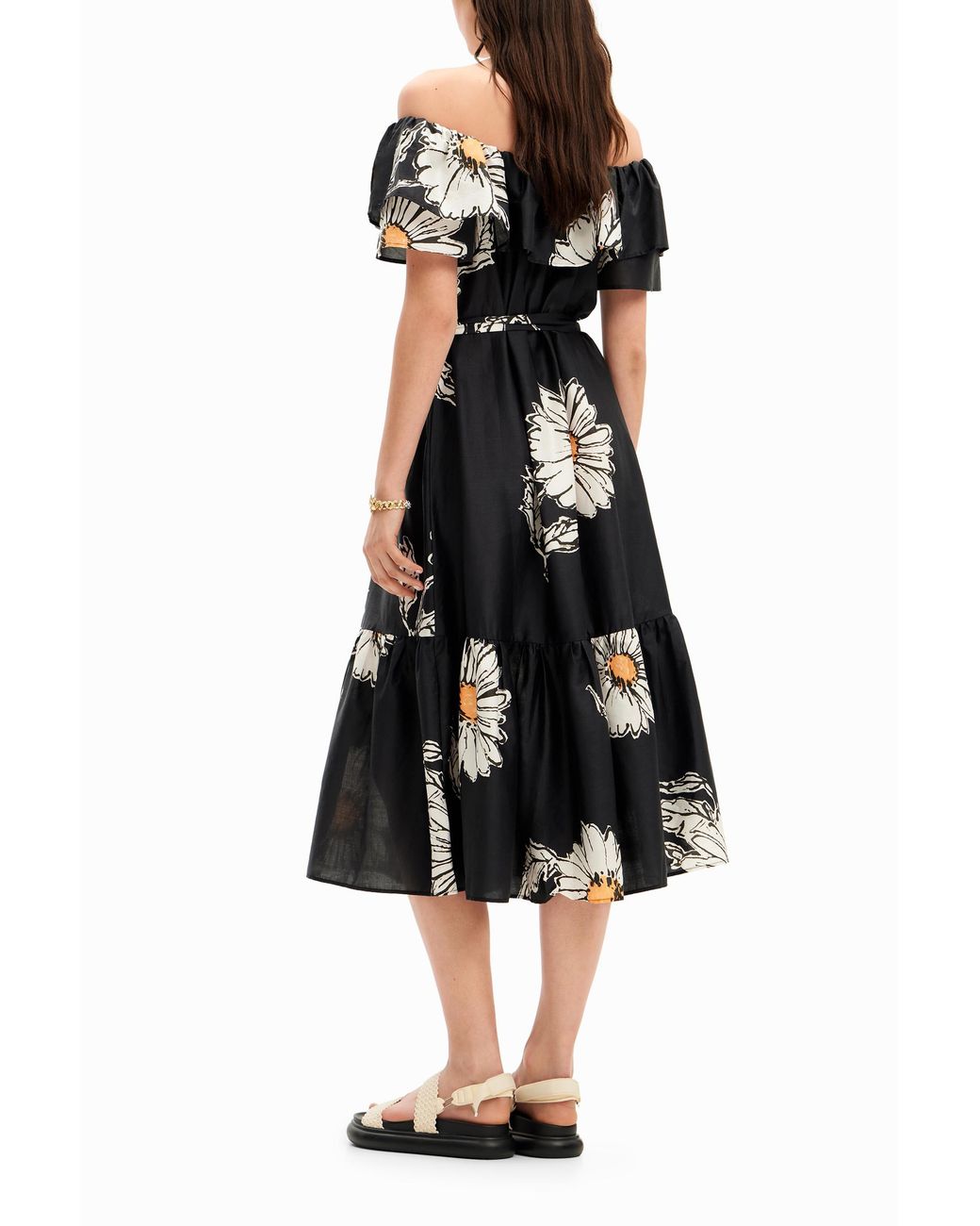 Desigual Black Daisy Ruffle Midi Dress, Cotton