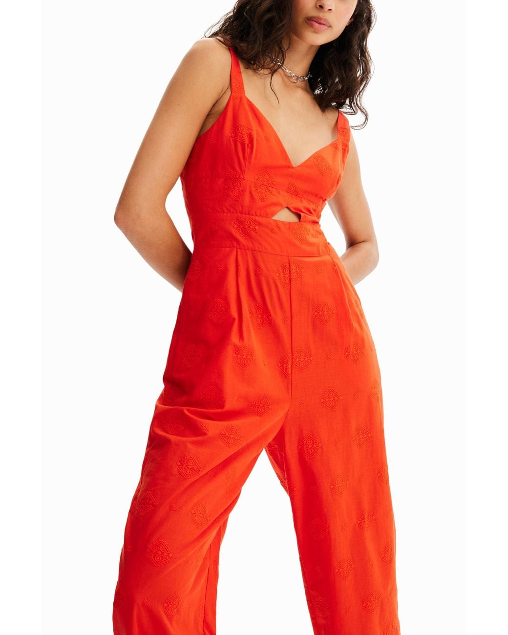 Desigual Red Flocked Long Jumpsuit, Cotton