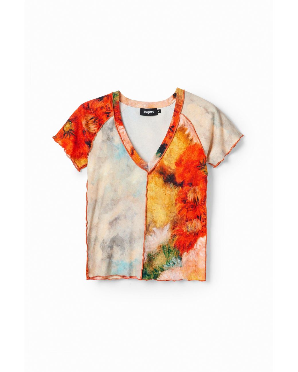 Desigual Orange Slim Short-Sleeve Patchwork Floral T-Shirt, Cotton