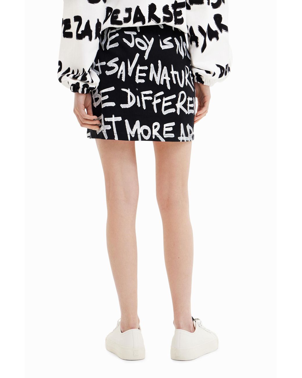 Desigual Black Slim Mini Skirt With Text, Cotton