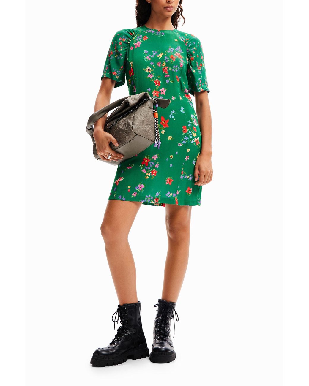 Desigual Green Short Floral Dress, Viscose