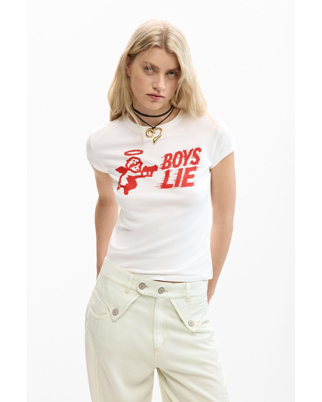 Desigual White Fitted T-Shirt Boys Lie, Cotton