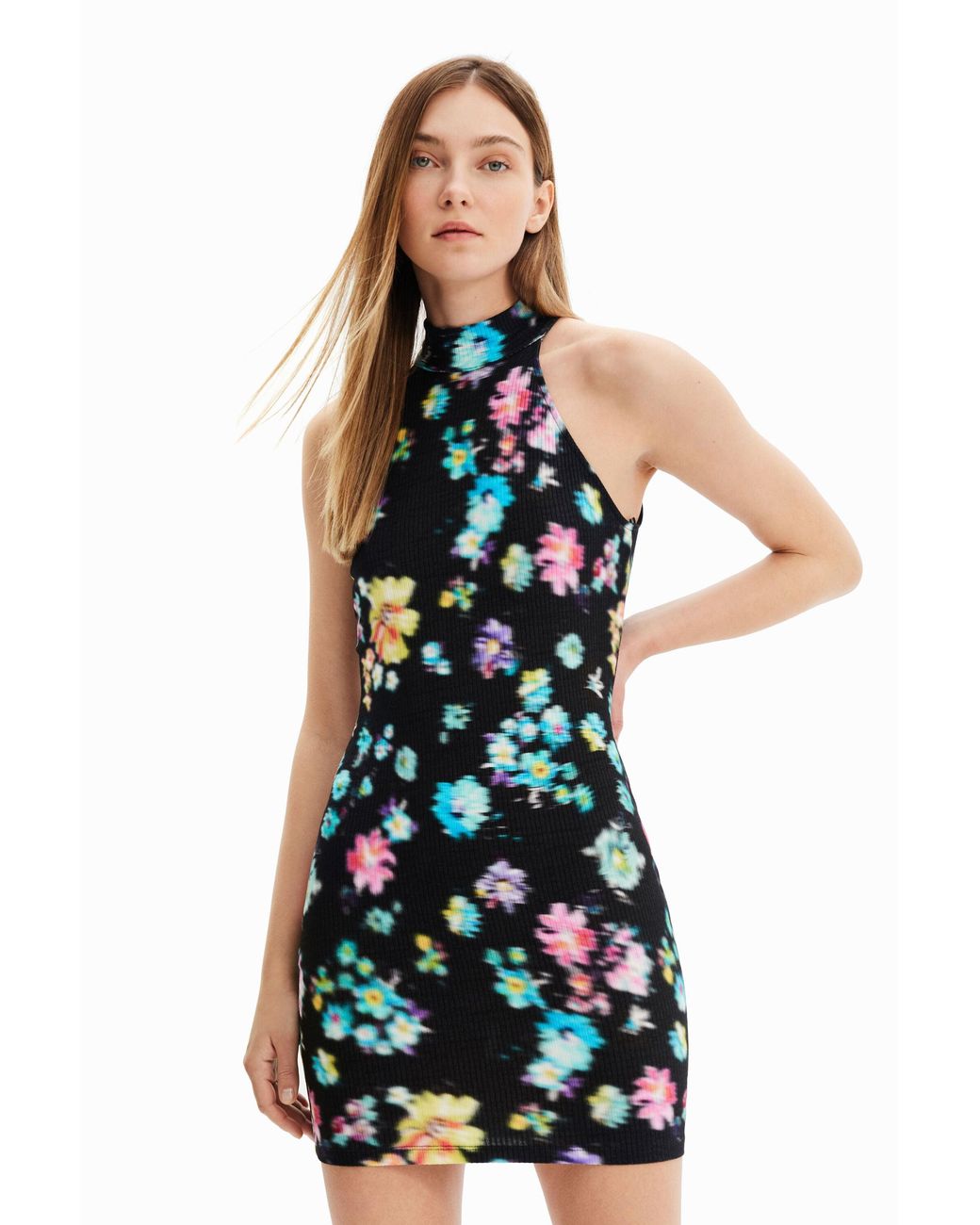 Desigual White Short Halter Neck Dress, Viscose