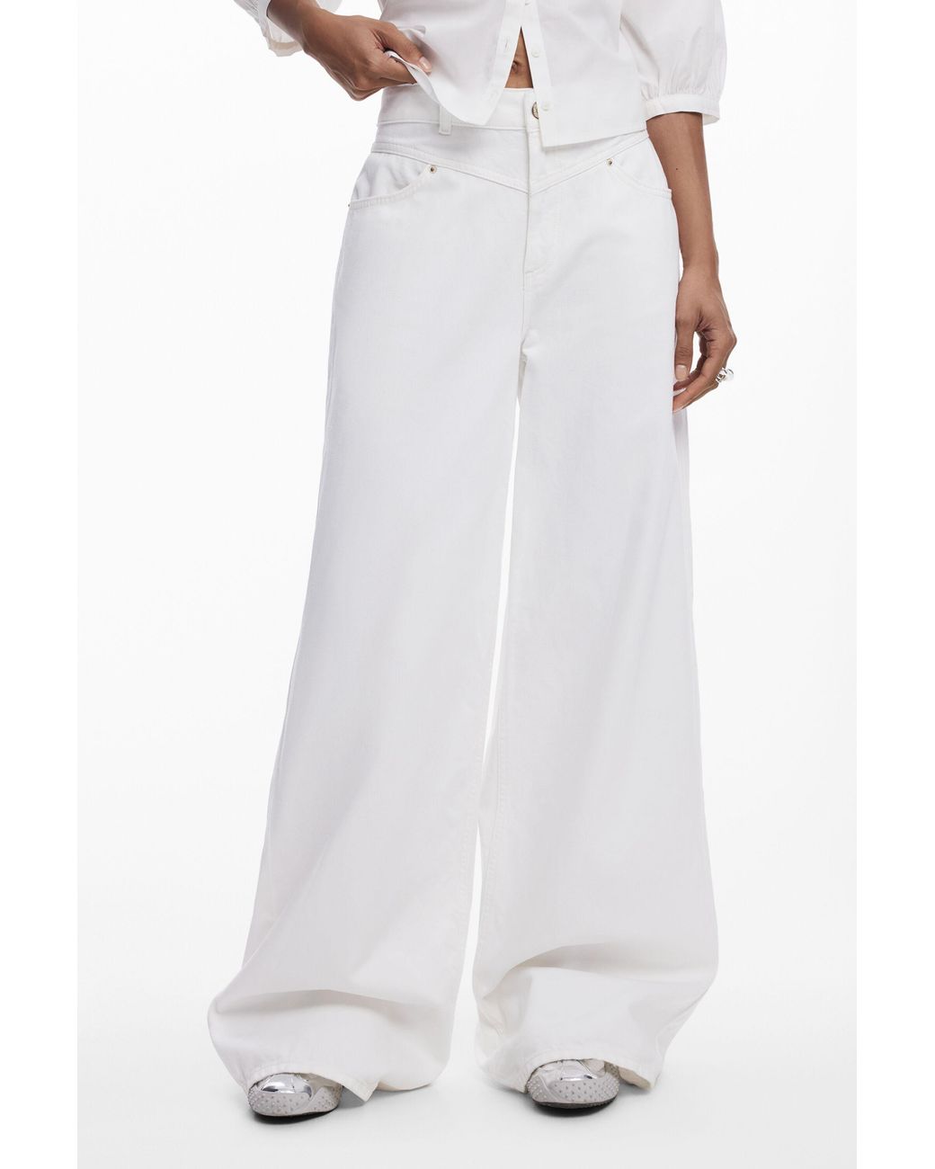 Desigual White Wide Leg Basic Jeans, Cotton