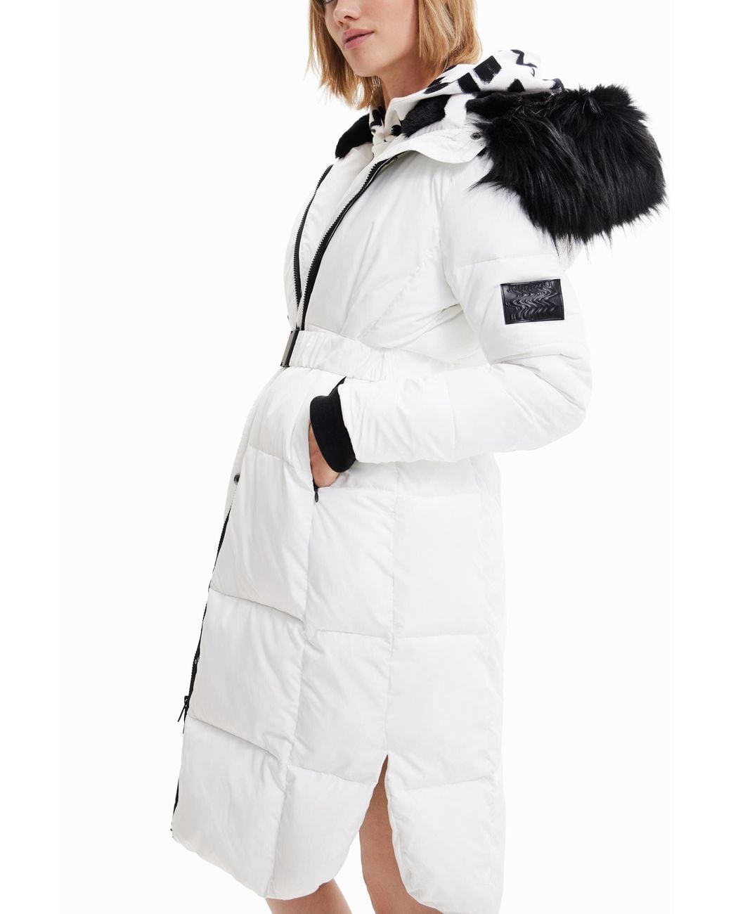 Desigual Black Long Padded Coat With Belt, Polyester