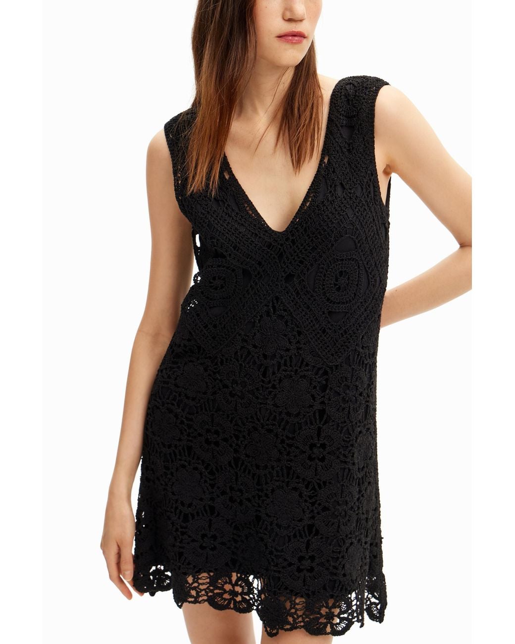 Desigual Black Crochet Short Dress, Cotton
