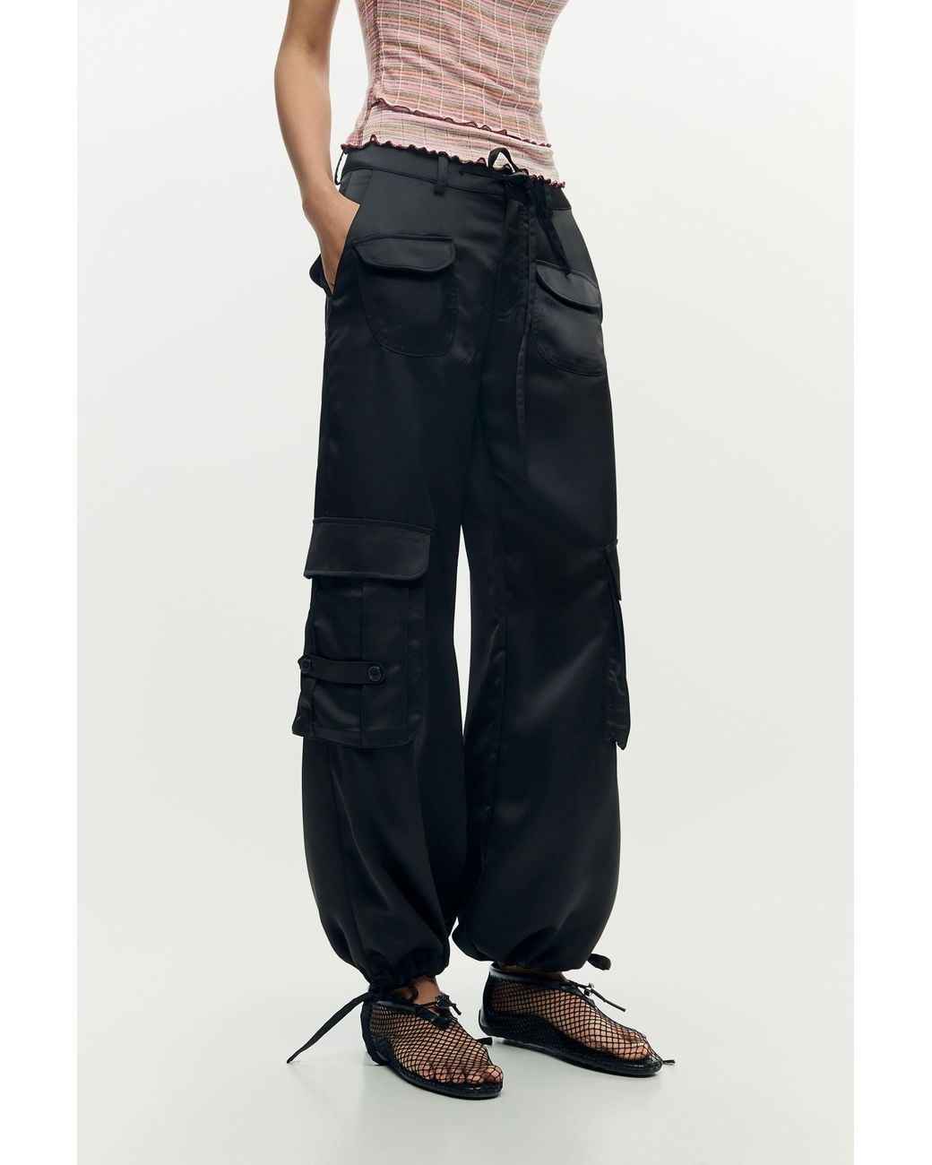 Desigual Black Satin Cargo Pants, Polyester
