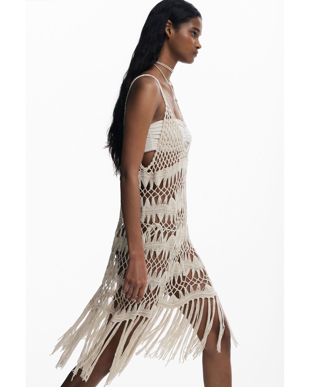 Desigual White Crochet Wrap Dress, Acrylic