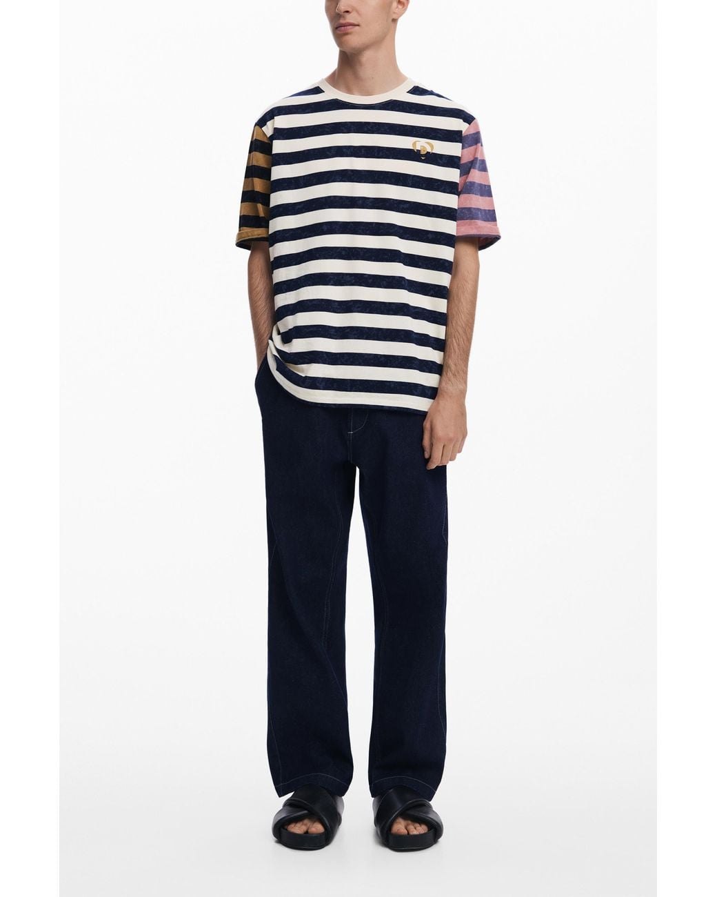 Desigual Blue Striped T-Shirt With Logo, Cotton for men
