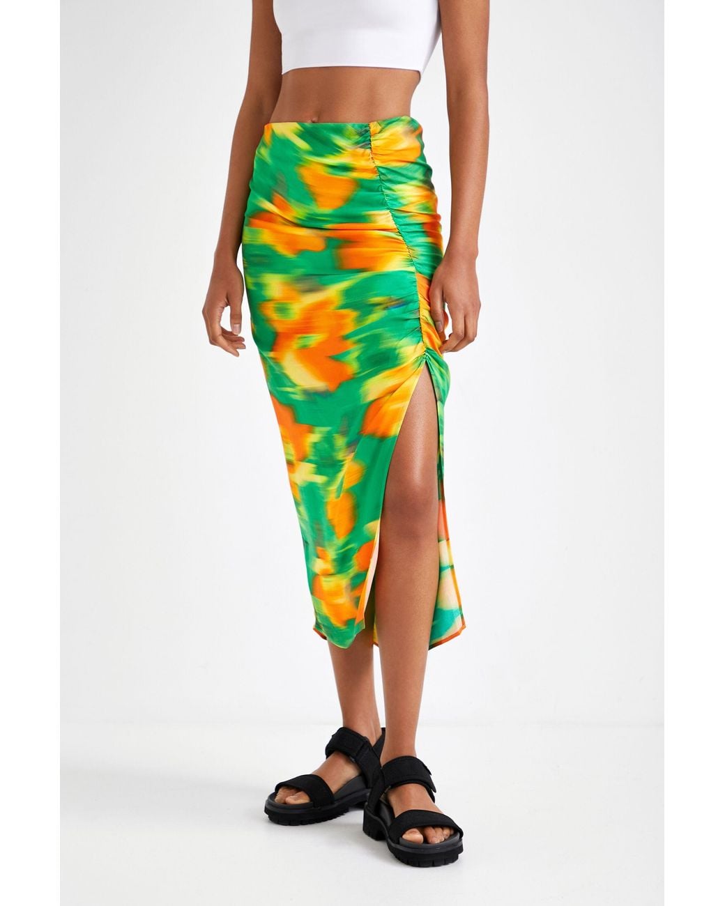 Desigual Green Slim Midi Skirt With Slit, Viscose