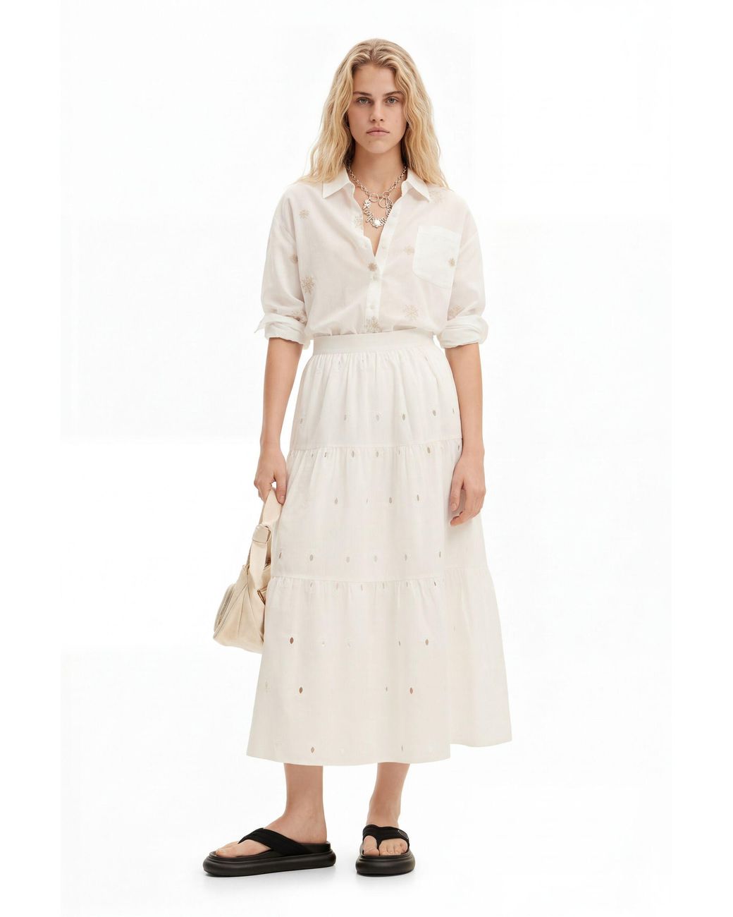 Desigual White Swiss Embroidery Midi Skirt, Cotton
